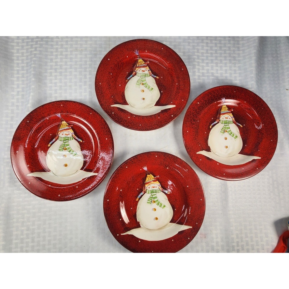 Oneida Snowmates Snowman Christmas Plates Set of 4 Debbie Taylor Earthware NEW!